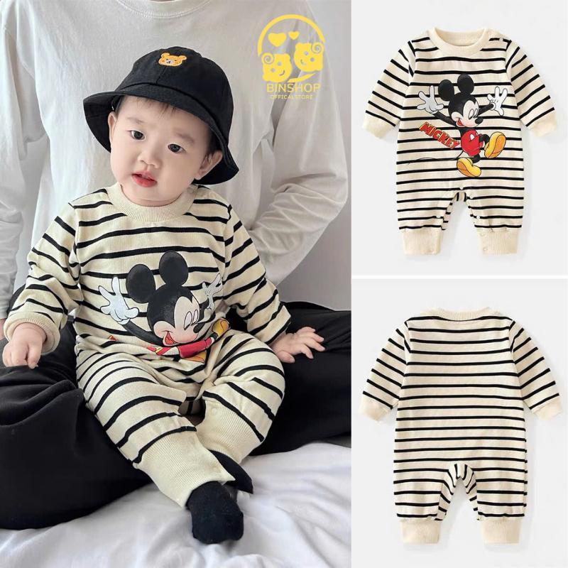 Bodysuit dài tay cho bé Hình Mickey dế thương, Áo liền quần cho bé chất vải Len Tăm mềm mịn, Quần áo trẻ sơ sinh 3-12kg