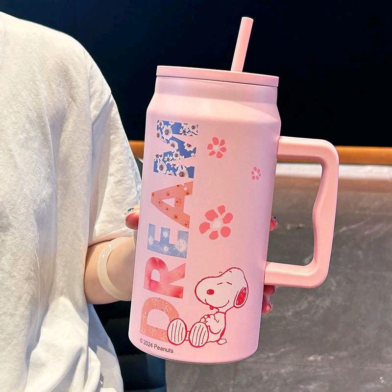 Tặng túi vải Bình giữ nhiệt Snoopy 1500ml inox 304 có tay cầm ống hút tiện lợi nhiều màu