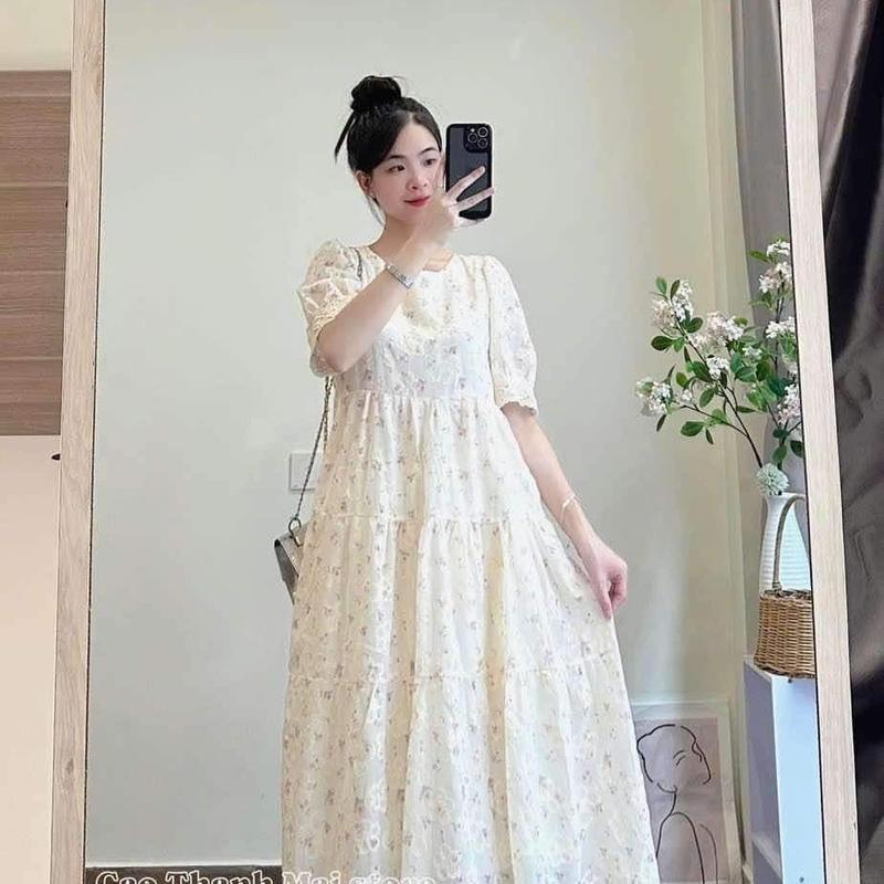 Váy bầu babydoll hoa nhí thêu nổi 2 lớp phối viền ren nhẹ nhàng tiểu thư Nữ Voi
