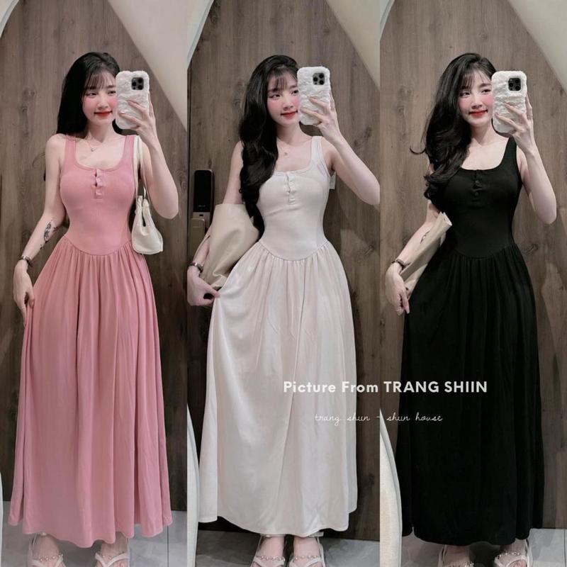 (Dưới 55kg) Đầm nữ hai dây bảng to maxi dáng dài cổ u phối nút chất thun tăm mềm mịn