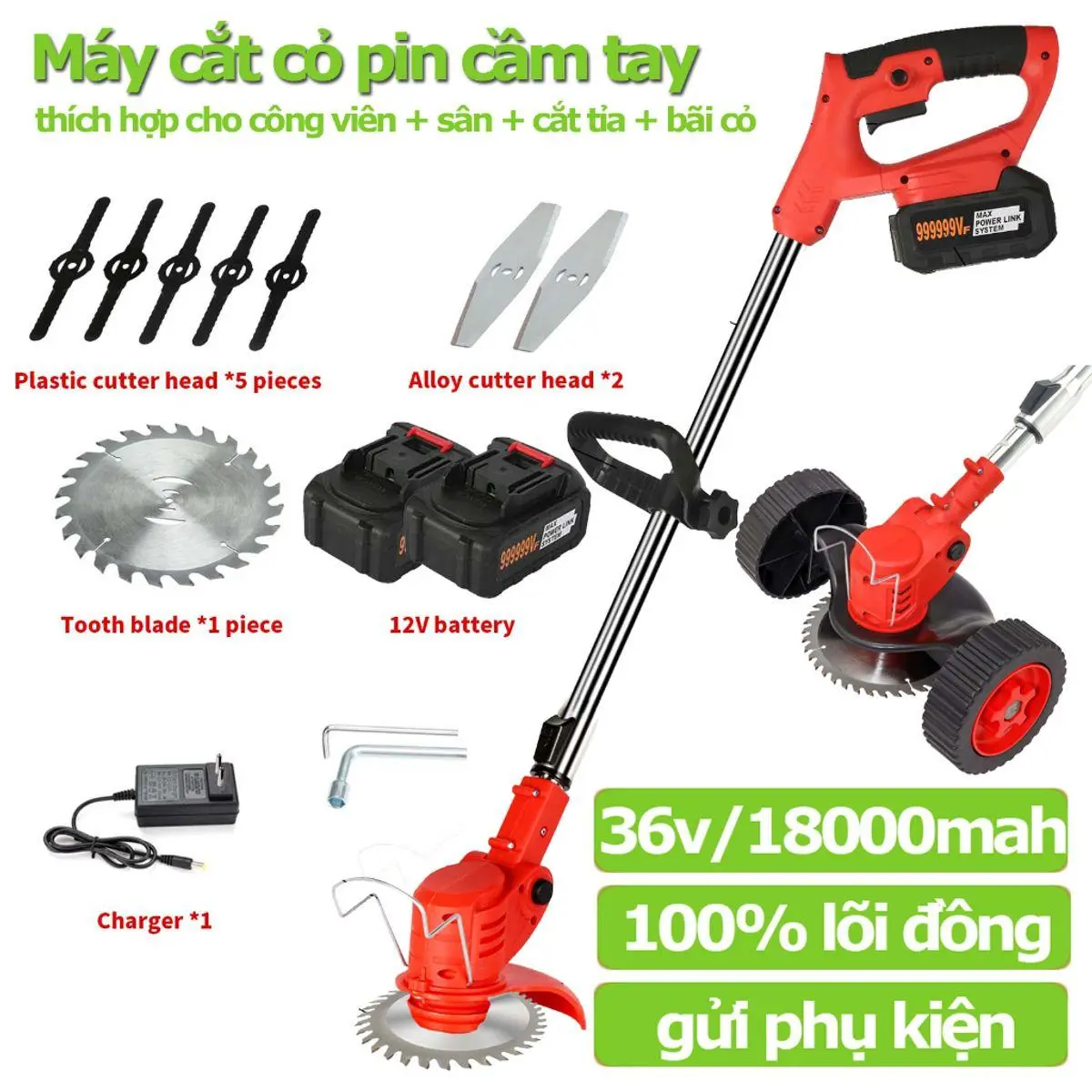 (Freeship) Máy cắt cỏ cầm tay,Máy Cắt Cỏ Chạy Pin, Tốc Độ Vượt Trội Động Cơ Mạnh Mẽ 1500WTrọng Lượng Siêu Nhẹ, Pin Lithium 18000mAh