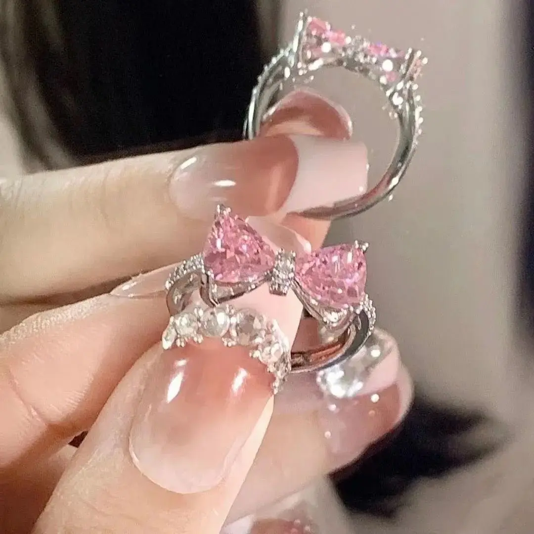 1PC Pink bow Open Ring Women's French delicate micro-set ring open adjustable ring