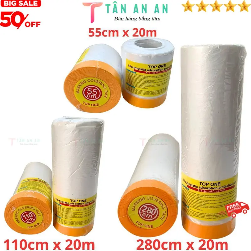 SKU160 - 1 Cuộn băng keo nilon 55cm-110cm-280cm Top One, che chắn khi phun sơn, Màng bọc nilon che bụi, băng keo che sơn - Shop Tân An An 0