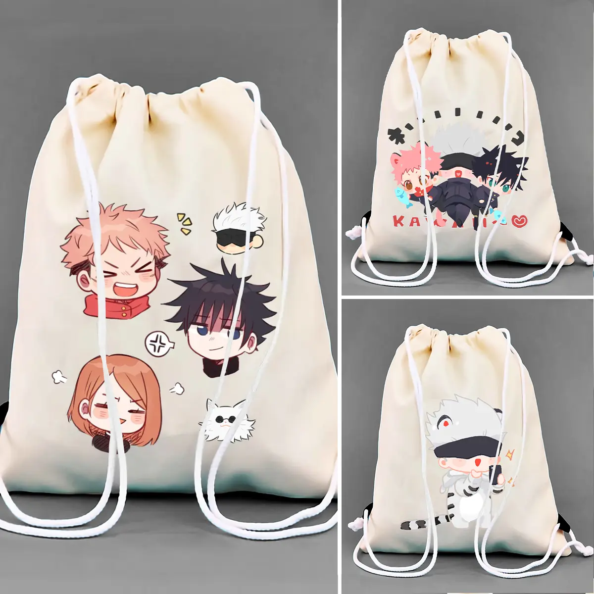 Tas Serut String Bag Kanvas Gojo dari Anime Jujutsu Kaisen Lucu Aesthetic Ukuran 30x40