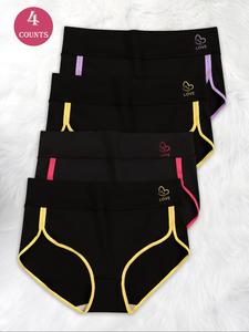 【Plus Size】 Contrast Binding Letter & Heart Pattern Brief, Soft Comfy Breathable Knicker for Daily Wear, Women's Underwear for All Seasons