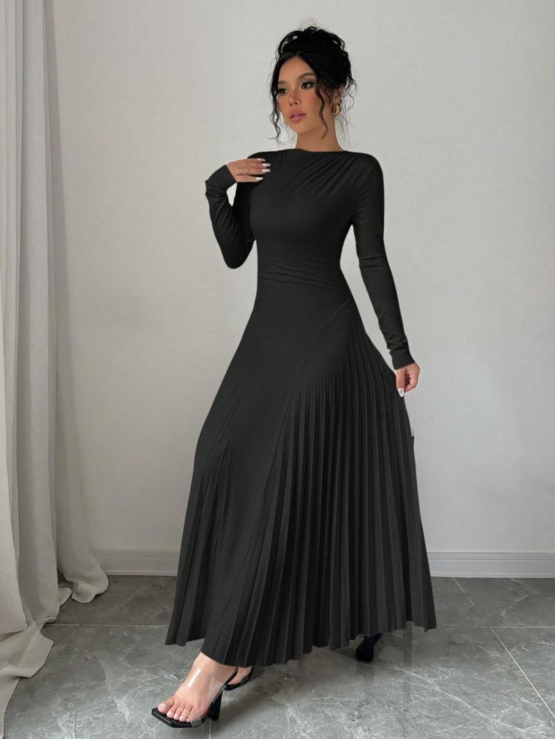 Product Introduction of Women's Solid Color Pleated Tight-fitting Dress, Elegant Long Sleeve Round Neck Dress for Party Holiday Wedding Guest, Ladies Spring & Fall Clothes 8