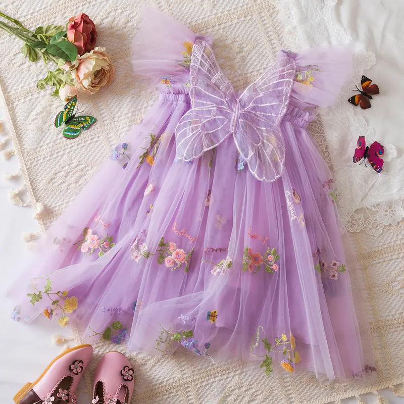 Butterfly Dress for Kids Girls 1-5 Years Ruffles Sweet Summer Mesh Dress Flower Embroidery Birthday Party Princess Dresses with Butterfly 1