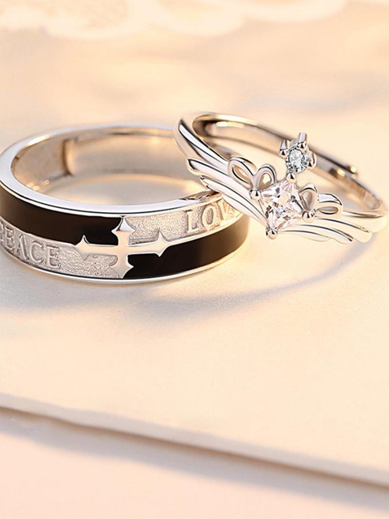 Product Introduction of Fashion Cross & Letter Design Couple Ring (1 Pair), Elegant Rhinestone Decorated Couple Ring, Couple Jewelry for Daily Decoration, Valentine's Day, Gift 10