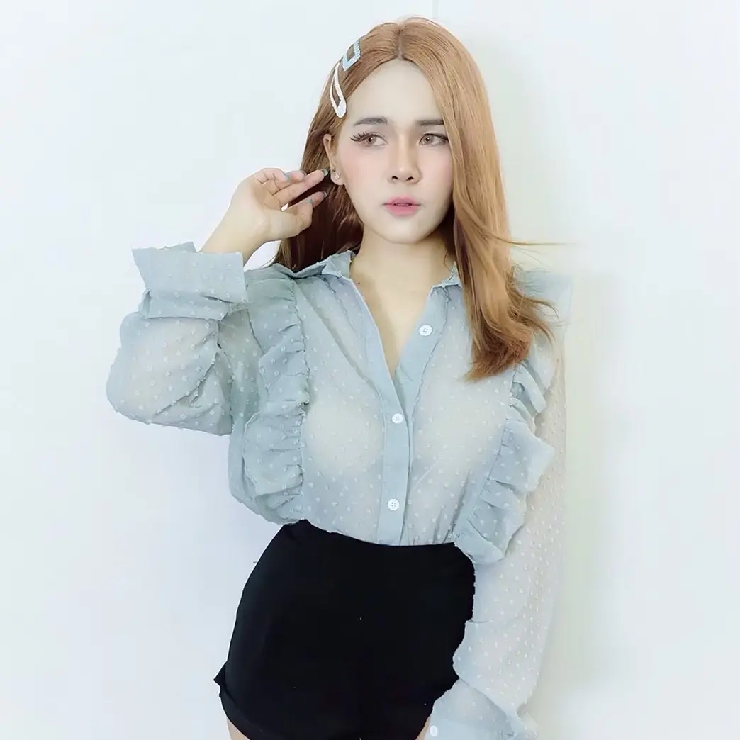เสื้อเชิ้ตชีฟองลายจุดแต่งระบาย