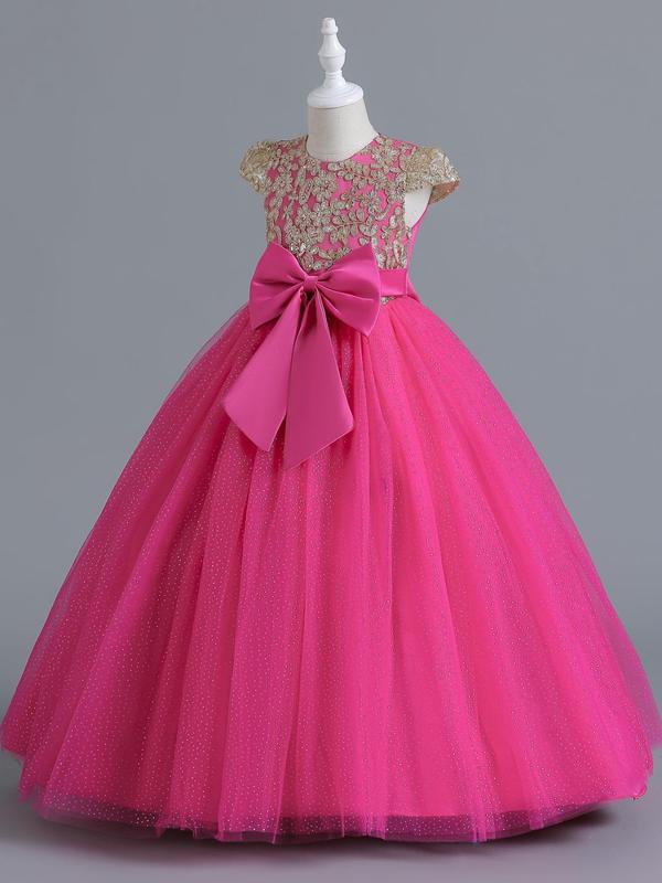 Girl's Floral Embroidery Contrast Sequin Big Bow Puff Sleeve Party Satin Dress, Kids Clothes 8