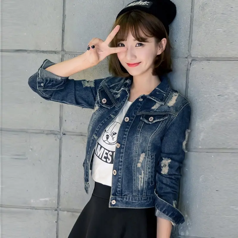 Denim Coat Women's Short Slim Korean Style New Versatile Student Long Sleeve Spring and Autumn Denim Jacket Ripped plus Size