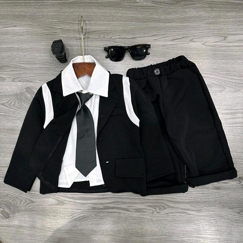 Bộ vét Đen NGẦU 4 chi tiết cho bé trai từ 10-30kg bao gồm 1 áo sơ mi+1 quần vải+1 áo vét+1 cà vạt [ SHOP LUẬN BABY QATE ]