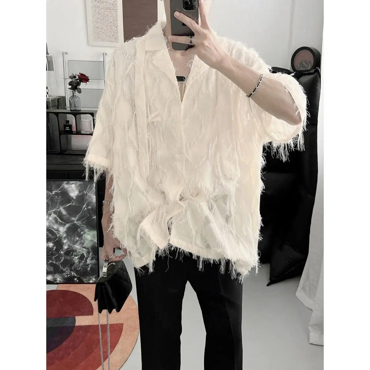 Áo Sơ Mi Tay Lửng Thiết Kế Viền Thô, Phong Cách Hợp Xu hướng Trẻ Trung, Dành Cho Nam Giới, Dáng Rộng Độc Đáo Áo Sơ Mi ngắn Tay Mùa Hè, Xếp Ly, Áo Khoác Tua Rua Đẹp Trai, Thời Trang
