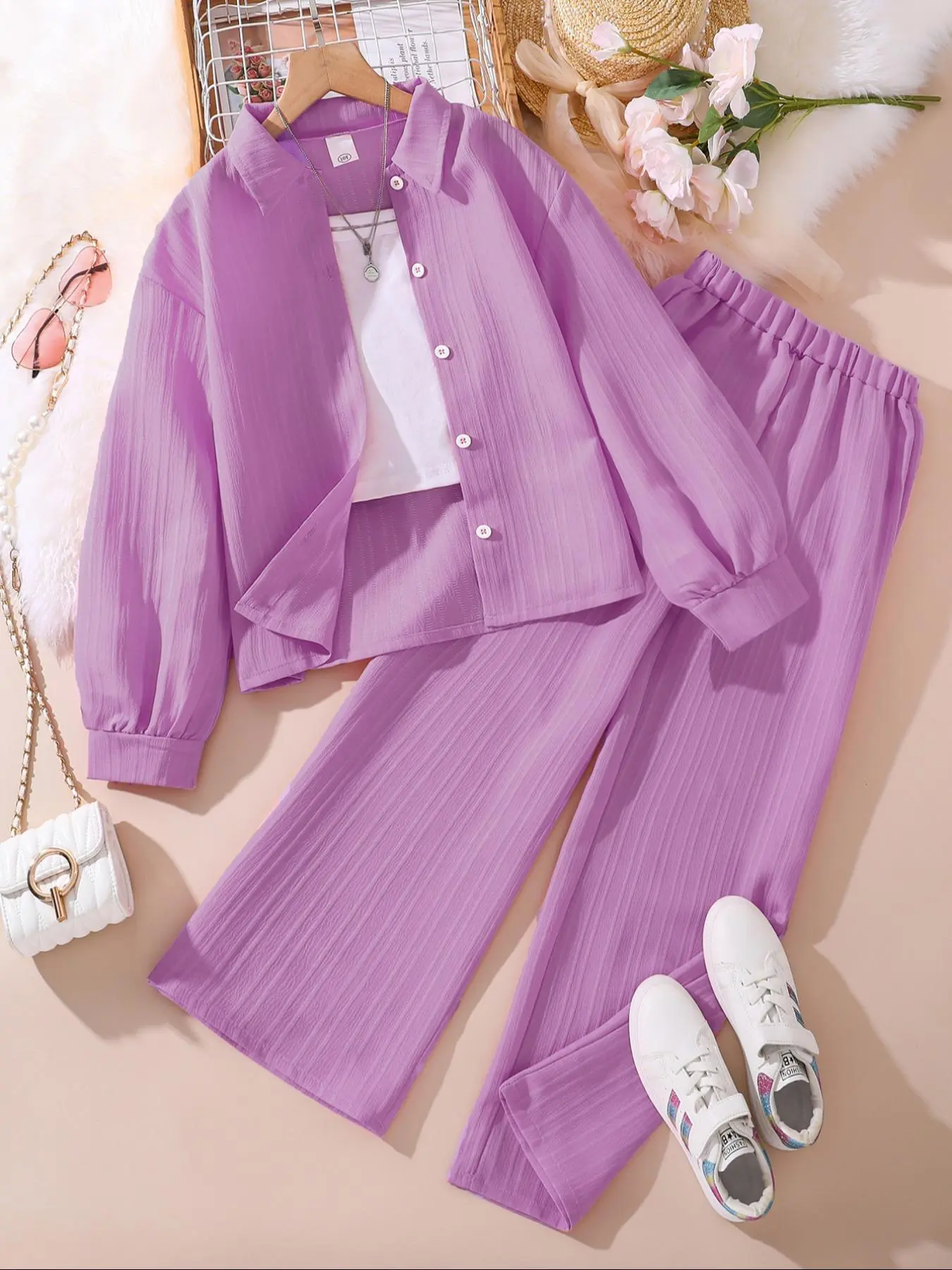 Two-piece Set Girl's Solid Textured Button Front Shirt & Elastic Waist Pants Set, Casual Long Sleeve Collared Top & Trousers for Fall & Winter, Kids Clothes for Daily Wear
