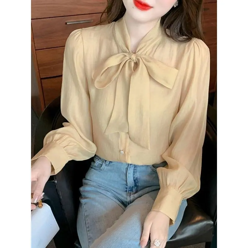 Áo Sơ Mi Voan Dài Tay, Thiết Kế Nơ Cao Cấp, Dành Cho Nữ, Bộ Sưu Tập Mùa Thu 2024, Phong Cách Phương Tây Dễ Phối Đồ Hàng Mới Về, Áo Sơ Mi Nhỏ Áo Mùa Thu 3