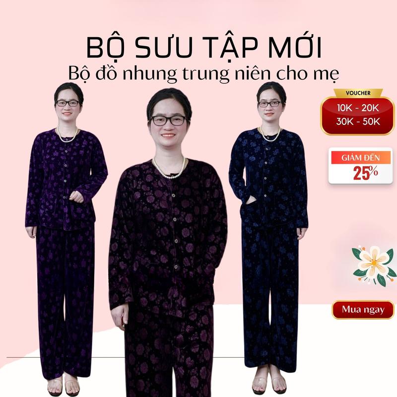 Bộ quần áo nhung dài tay cho các bà, người già chất nhung tuyết, kiểu cài cúc-MS.506 Nữ Top Women