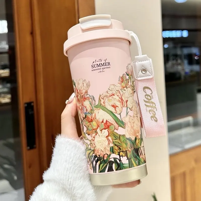 Cốc Giữ Nhiệt Hoạ Tiết Hoa Lá Dung Tích 500ml Có Kèm Ống Hút Chất Liệu inox 316 7