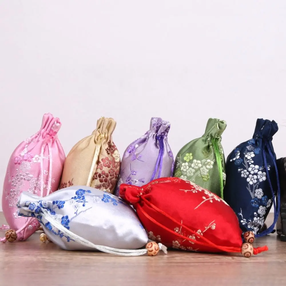 Antique Satin Storage Bag Embroidered Drawstring Women Sachet Flower Tie Jewelry Packaging Bag Party