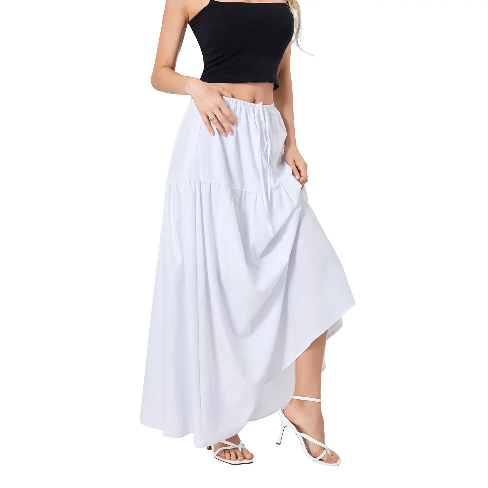 Women Loose A-Line Skirt Solid Color Casual Summer Elastic Drawstring Skirt for Beaches Club Streetwear