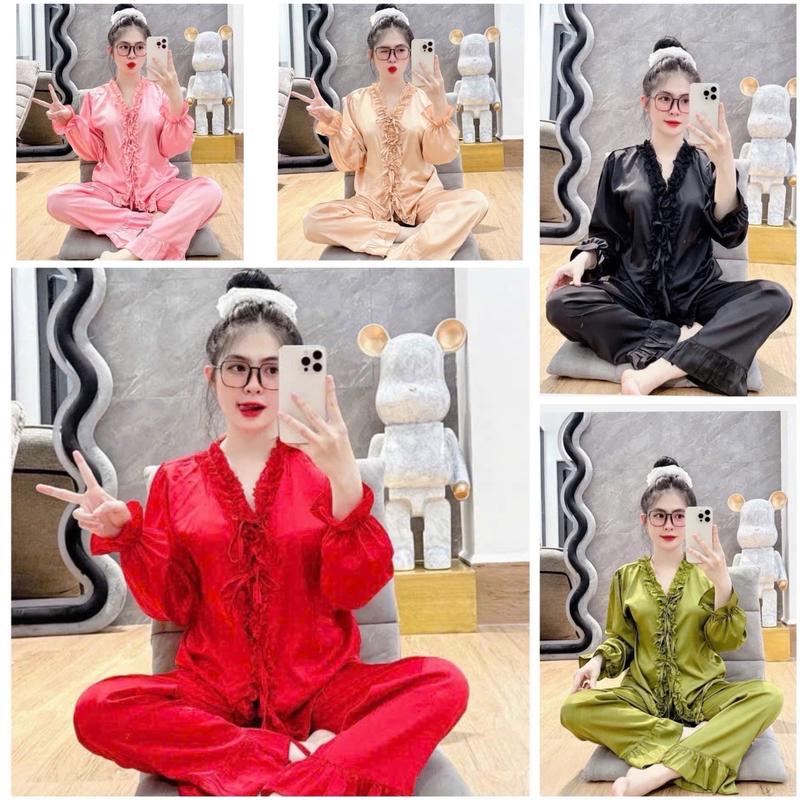 Đồ ngủ, đồ bộ pijama tiểu thư tay dài lụa latin phối ren nhiều màu sắc đẹp  Nữ Women