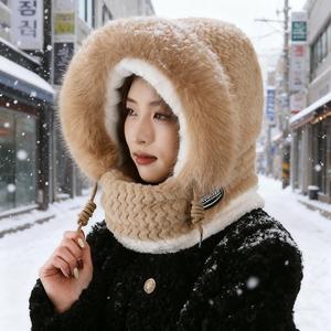 女性のための新しい厚いぬいぐるみプルオーバーハット-秋と冬のためのファッショナブルでかわいいスカーフビーニーコンボ、防風と暖かい耳を保護するサイクリングハット