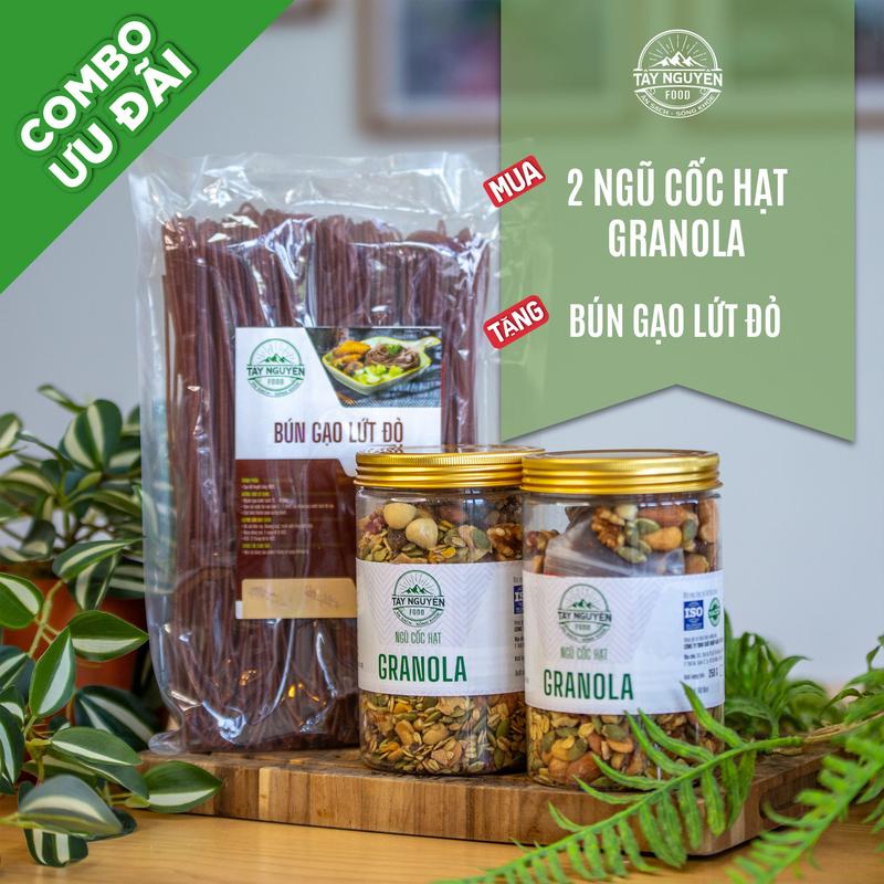 Combo 2 hũ Granola không đường kèm 1 bịch Bún gạo lứt đỏ 500g Tây Nguyên Food – Việt Nam