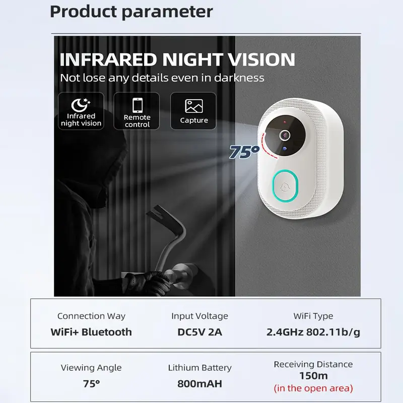 Wireless Smart Doorbell Camera, 1 Set USB Rechargeable Wireless Doorbell Camera with Night-Vision, 2.4G Wifi Video Doorbell Camera, Home Essentials 6