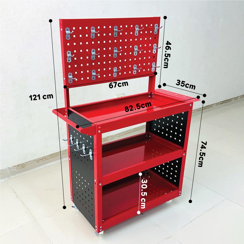 Xe đẩy đồ sữa xe 3 tầng, đựng đồ nghề sữa chữa có bánh xe khóa và xoay 360 độ nặng 14kg dày 0.8mm ( Tặng 20 móc ) | HTD-010 xe  đẩy  hàng  đa  năng cart