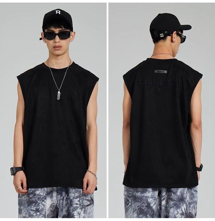 Product Introduction of American Style Sleeveless Vest for Men Summer Suede Embroidered Tank Top Trendy Loose Sports Shirt 15
