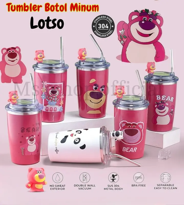 Tumbler Gelas Stainless Love Bear Karakter Mug Kopi Coffe Lucu 500ml/ Tumbler Lotso Straw Cup Bear Termos 500ML Strawberry Bear Baja Cangkir tumbler  lotso 0