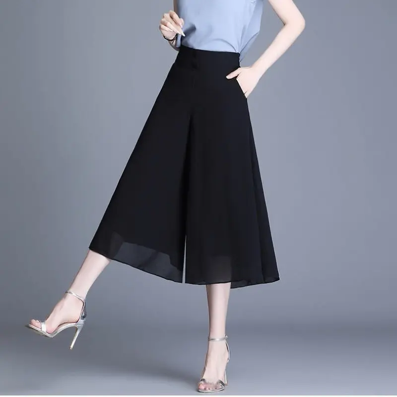 Quần Ống Rộng Vải Voan, Dành Cho Nữ, Dáng Rộng Thường Ngày Quần Culottes Màu Đen, Phong Cách Hàn Quốc, Cạp Cao, Quần Cropped Xén, Ngoại Cỡ
