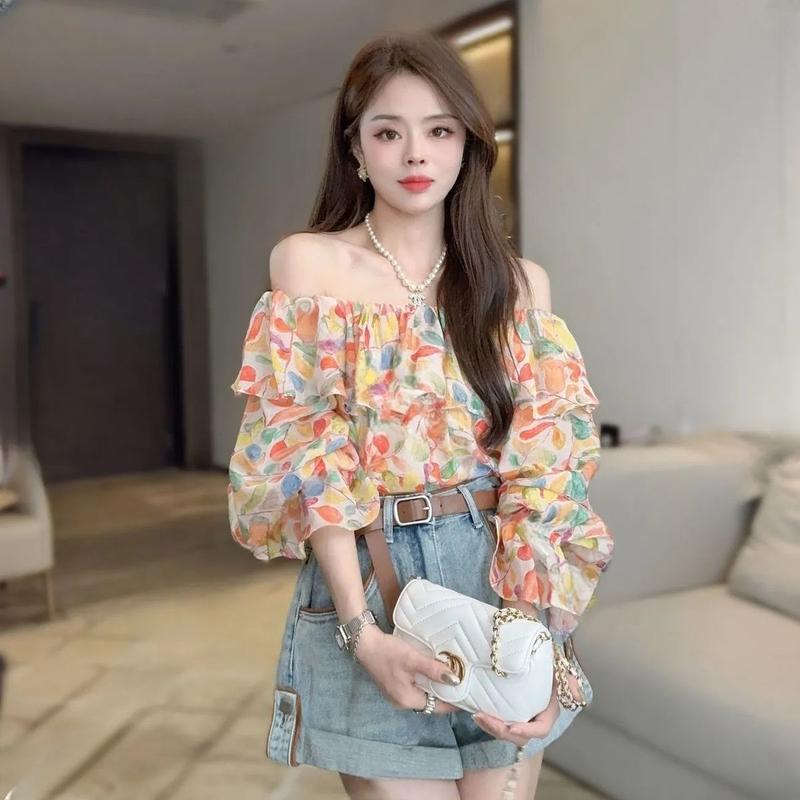 Áo Trễ Vai, Hàng Mới Về Mùa Hè,  Thiết Kế Quây Ngọt Ngào Che Phủ Thịt, Áo Sơ Mi Dáng Rộng, Làm Bằng Voan, Dành Cho Nữ 1