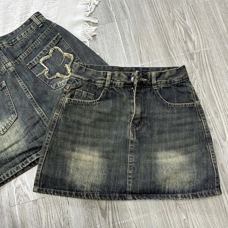 1508 BIGGSIZE Chân váy jeans nữ cạp cao, chân váy dáng chữ A không dãn bên trong có quần túi thêu sao Women Khuy