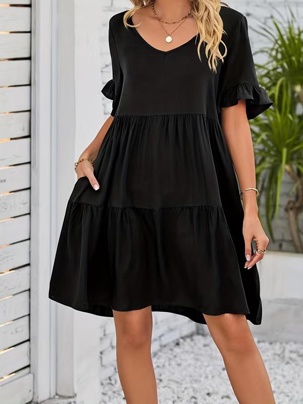Plus Size Solid Ruffle Hem V Neck Dress, Casual Short Sleeve A-line Dress for Summer, Ladies Dresses Summer, Women's Summer Clothes for Daily Wear 3
