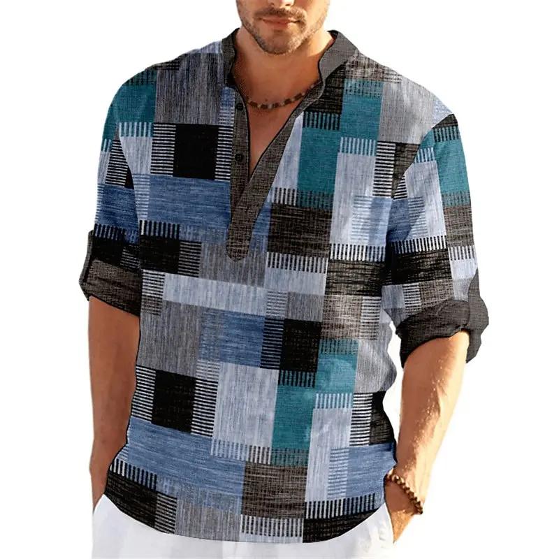 Product Introduction of Men's Spring and Summer Retro Fashion 3D Printed Color blocked Grid Pattern Henley Collar Long Sleeve Shirt Top 9