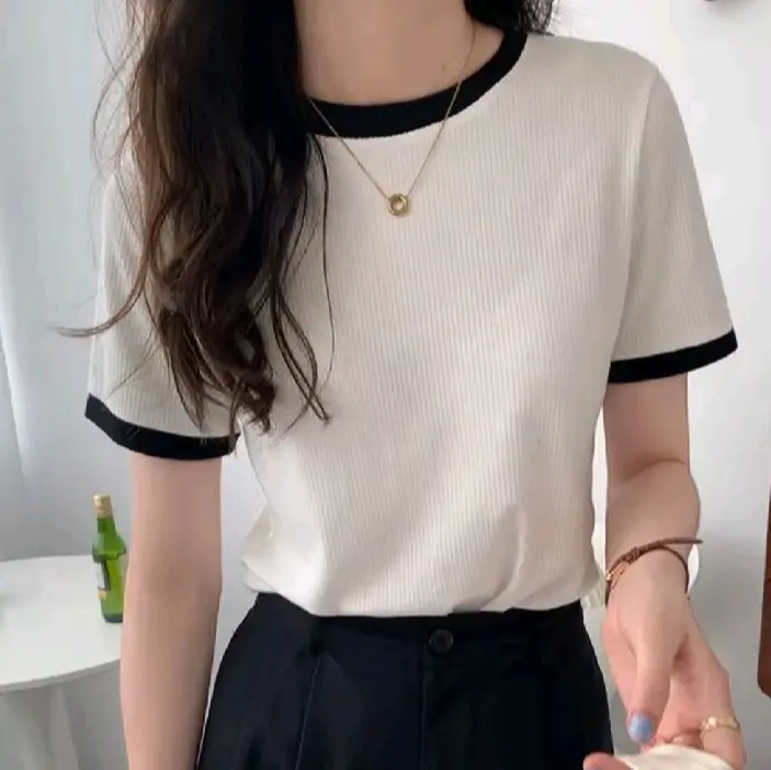 Ayel Fashion Korean Women's wear Contrast Binding Round Neck Tee Full Length T Shirt For Women Tops