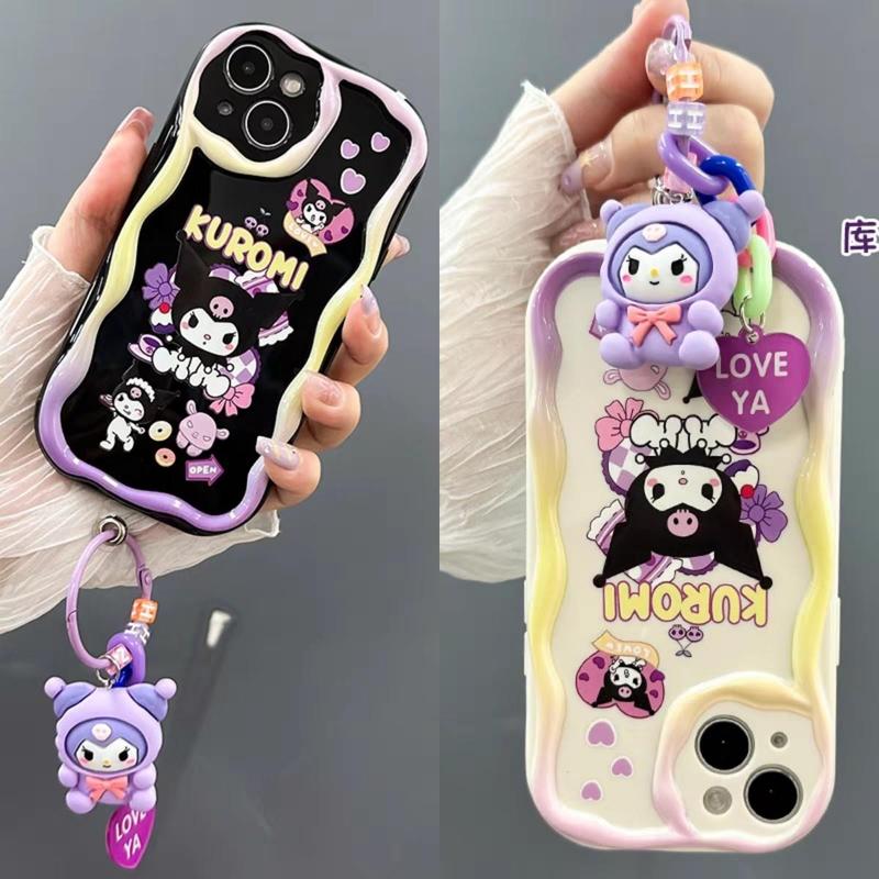 Vỏ hoạt hình Sanrio Kuromi với gương mặt dây chuyền búp bê 3D vỏ Ốp Điện Thoại cho iPhone 15 14 13 12 11 Pro Max XR XS X 6 6S 8 7 Plus SE 2020 vỏ thời trang cạnh gợn sóng chống va đập