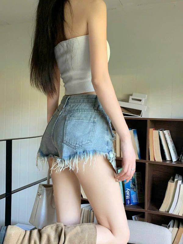 Quần short jean nữ túi lồi tua rua rách gấu màu xanh bụi [CHĂMCHĂMM65] Women quân  shortnữ quan 3