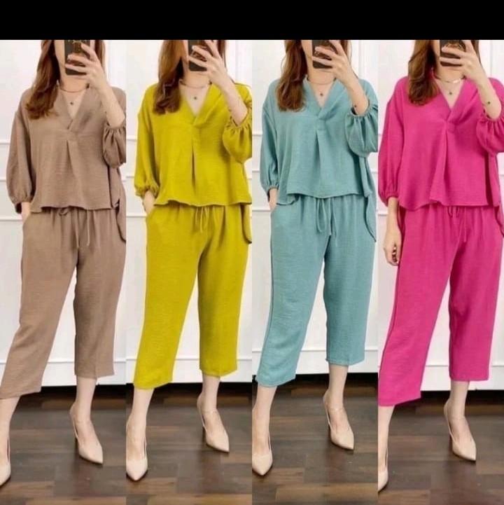 One set Luna crincle airflow Setelan Wanita Atasan Baju Celana Nyaman  Panjang Balon Crinkle Kerah Remaja 4