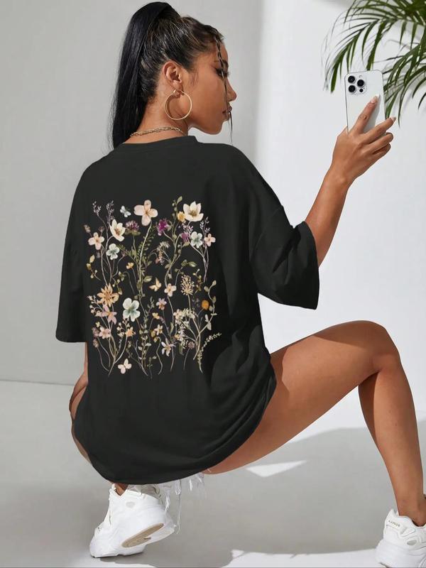 Women's Summer Ditsy Floral Print Drop Shoulder Tee, Casual Half Sleeve Round Neck T-Shirt for Daily Wear, Ladies Summer Clothes 2