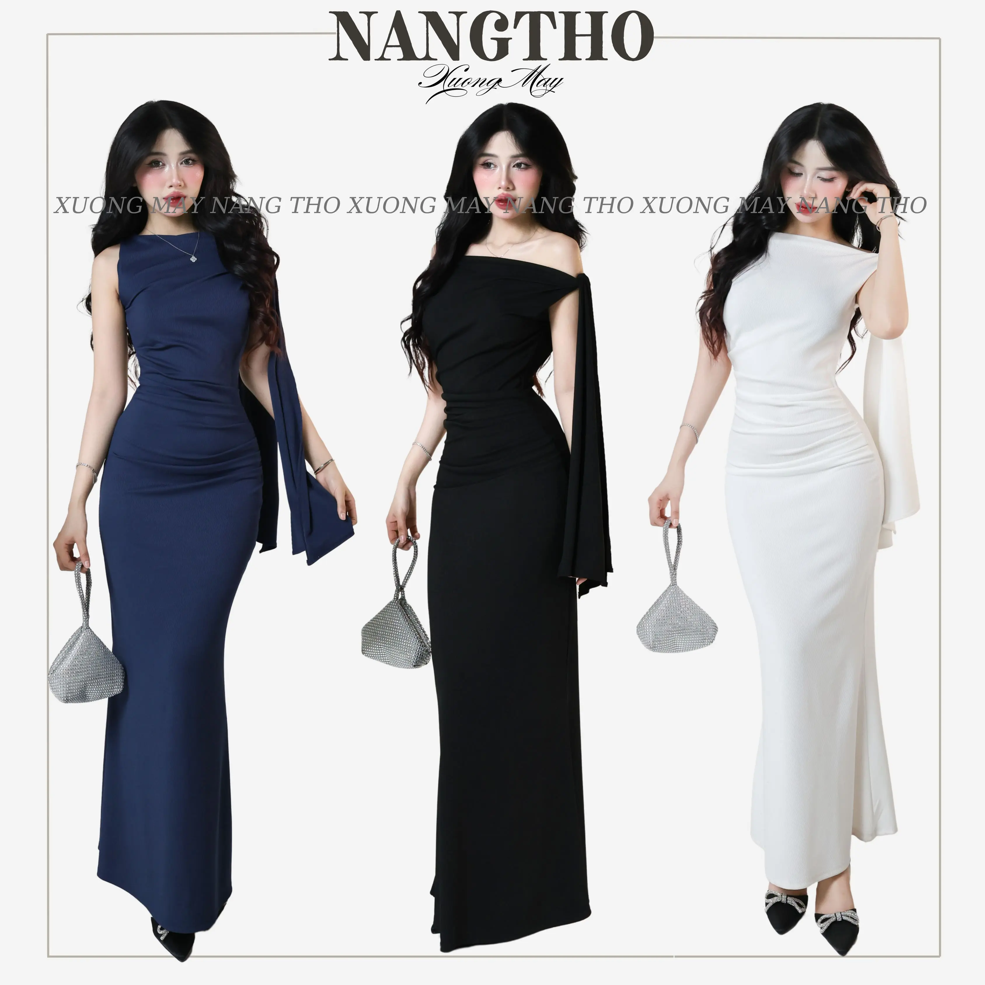 D316 Đầm Cột Dây Vai Dáng  đuôi cá Chất Thun Gân Trung co Giãn Nhung Kem