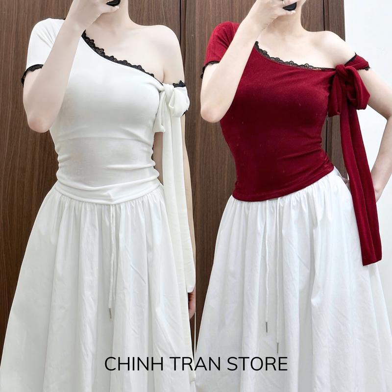 Áo Thun Nữ Lệch Vai Tay Ngắn Phối Ren Kèm Dây Cột Nơ Nhiều Màu
