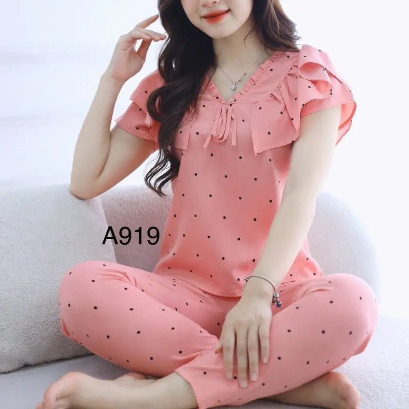 (37kg-68kg) Sét bộ mặc nhà nữ hàng thiết kế tay phối 2 lớp cánh tiên vải lụa Hàn mềm Women Áo Quần Ngủ Top sau sinh có bigsize Cạp Cao 1
