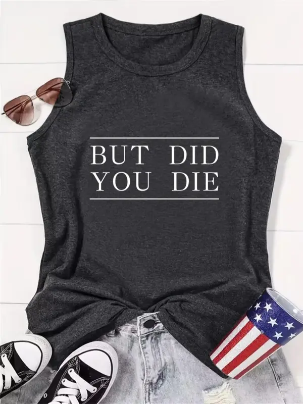 Women's Letter Print Round Neck Tank Top, Summer Clothes Women, Casual Sleeveless Crew Neck Top for Summer, Lady Summer Clothes, Ladies Clothes for Daily Wear 0