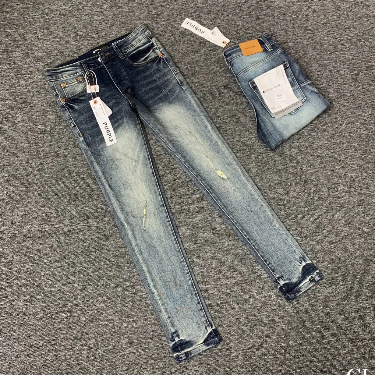 Quần jeans bò nam Purple skinny xanh wash bạc xước rách nhẹ dập nhăn loang 3D ống mác lụa ống côn bó, new
