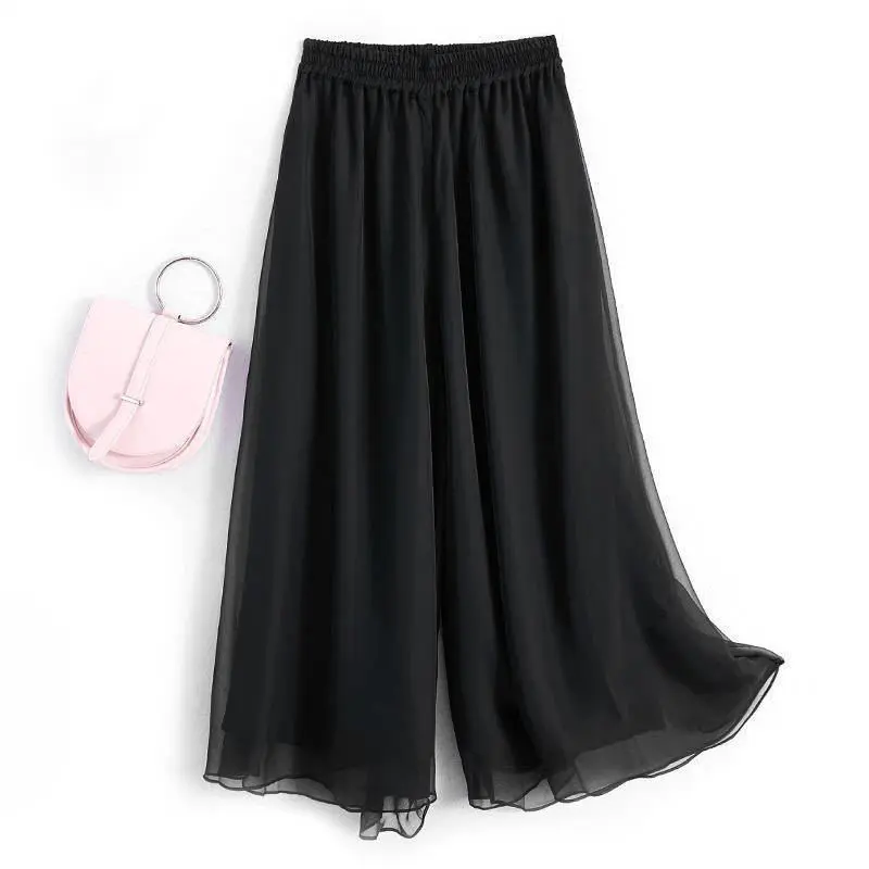 Quần Ống Rộng Hai Lớp, Màu Đen, Chất Liệu Voan, Cạp Cao, Dáng Rộng Vừa Vặn, Quần Thường Ngày Quần Cropped Xén, Dành Cho Nữ, Giảm Giá Xả Hàng Đơn Bên Ngoài