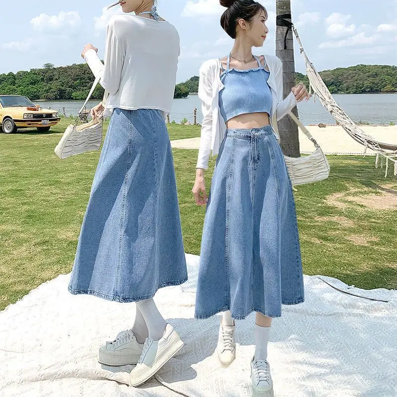 Chân Váy Midi, Dành Cho Nữ, Dài Trung Bình Chân Váy Denim, Xếp Ly, Cạp Cao, Ôm Vừa Vặn, Chữ A, Xếp Nếp, Thích Hợp Cho Mùa Xuân Và Mùa Hè, Hàng Mới Về Năm 2025 Women 2