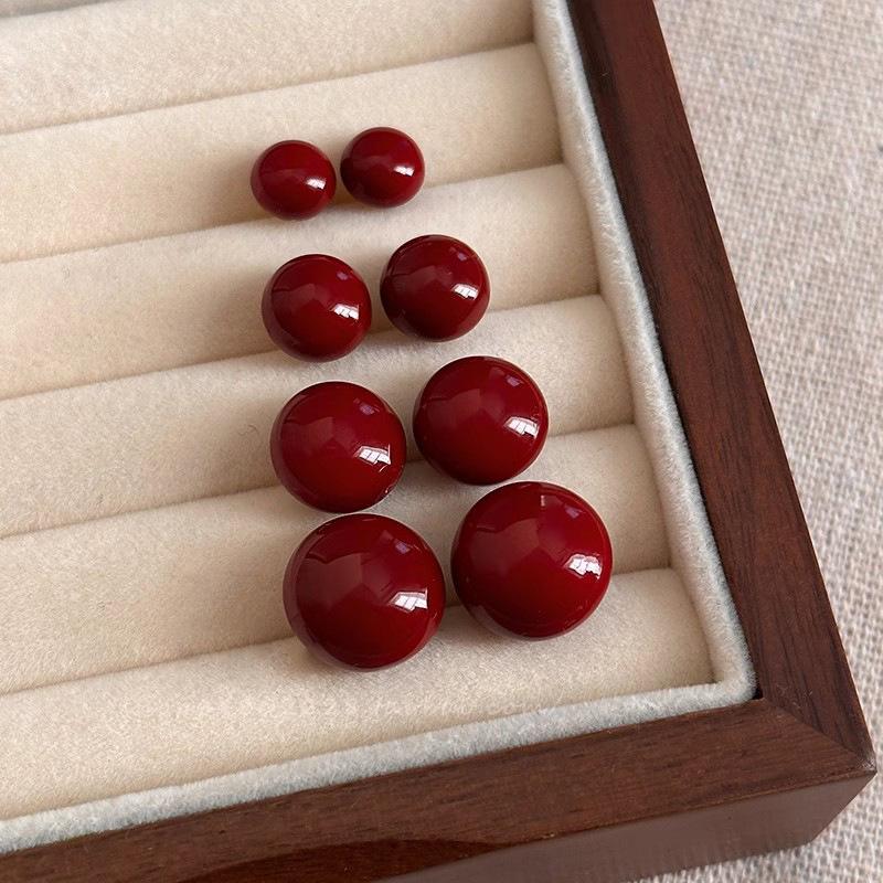 Product Introduction of Ankela Red Steamed Bread Pearl Stud Earrings for Women Light Luxury Minority Simple All-Matching Graceful Bread Bead Beanie Earrings Earrings 29