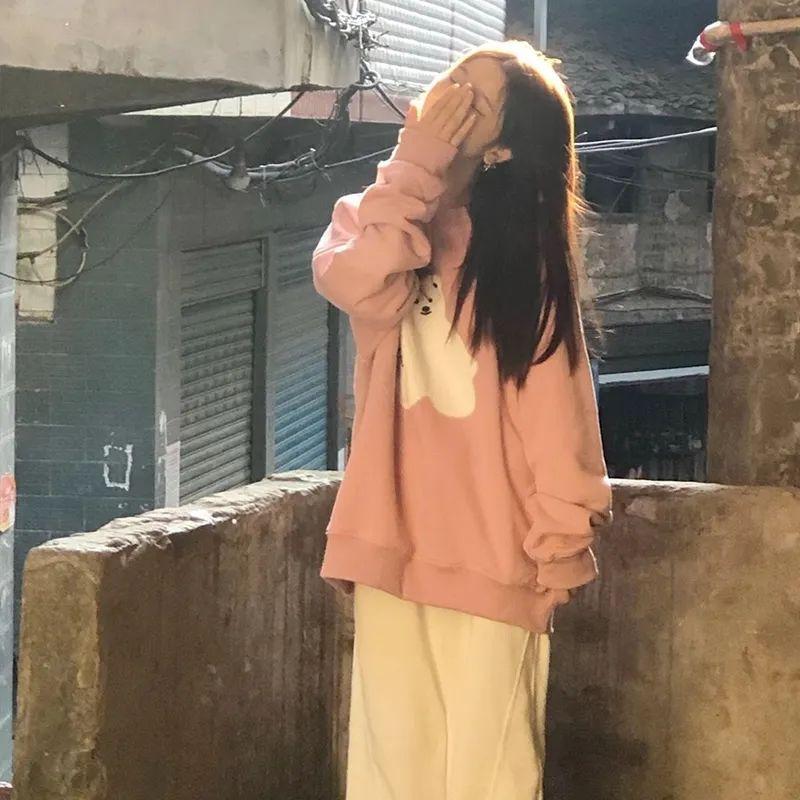 Áo Hoodie Chải Cổ Tròn, Màu Hồng Dễ Thương Hợp Xu hướng Dành Cho Nữ, Thích Hợp Cho Mùa Thu Và Mùa Đông, Phong Cách Hàn Quốc, Dáng Rộng Vừa Vặn, Thích Hợp Cho Học Sinh, Phong Cách Thường Ngày Áo Dễ Phối Đồ Thời Trang 1