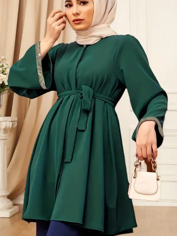 Women's Solid Color Long Sleeve Belted Blouse, Modesty Casual Round Neck Top for Daily Wear, Ladies Islamic Clothing for All Seasons 4